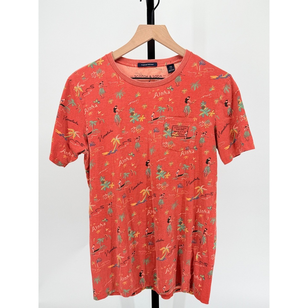 Scotch Soda Mens M Tee Shirt Hawaiian Aloha Tropical Novelty Print Pocket Cotton